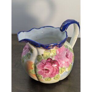 Antique Nippon Porcelain Pitcher Cobalt Blue & Gold Trim Hand Painted Roses